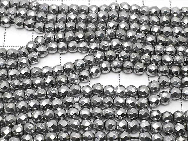 Magnetic! Hematite 32-Faceted Round 4mm Silver-Plated [1.5mm Hole] 1-Strand Bead (approx. 15inch/36cm)