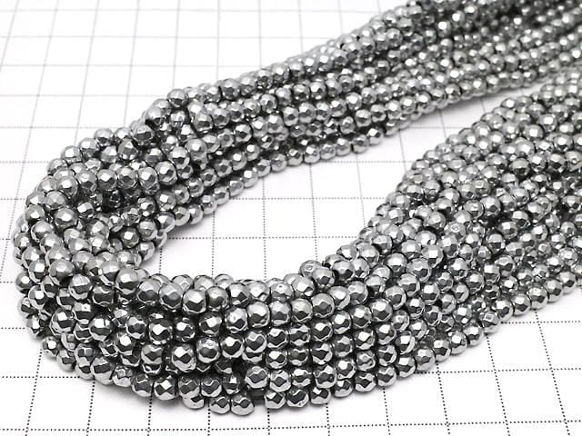 Magnetic! Hematite 32-Faceted Round 4mm Silver-Plated [1.5mm Hole] 1-Strand Bead (approx. 15inch/36cm)