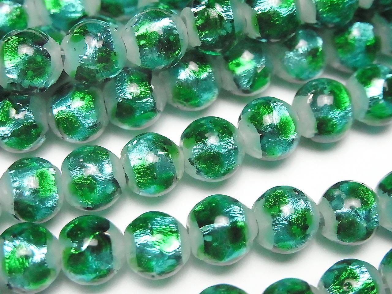 Lampwork Beads Round 8mm [Light Blue x Green / Luminous type] 1/4 or 1 strand beads (approx. 14 inches/34 cm)