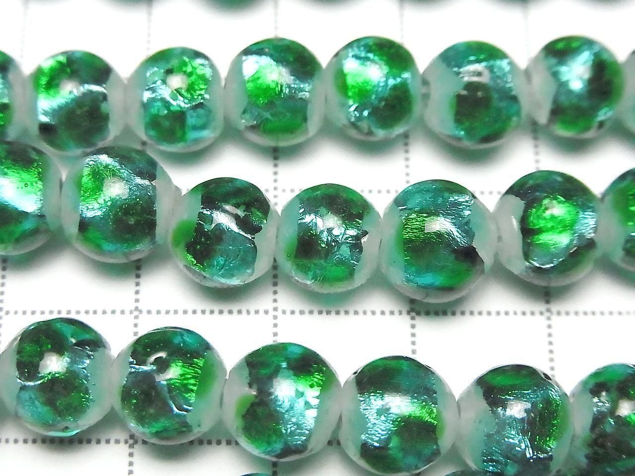 Lampwork Beads Round 8mm [Light Blue x Green / Luminous type] 1/4 or 1 strand beads (approx. 14 inches/34 cm)