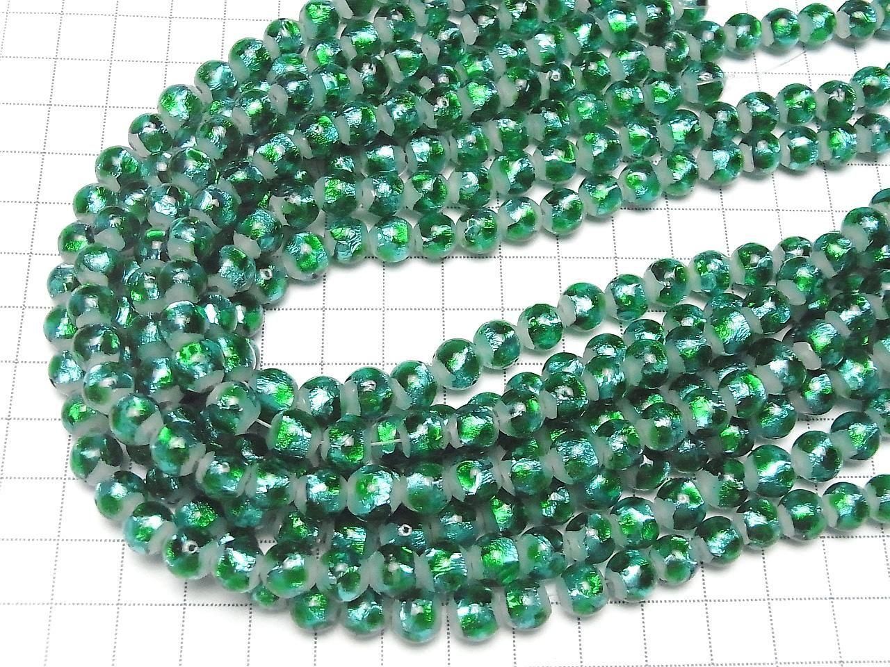 Lampwork Beads Round 8mm [Light Blue x Green / Luminous type] 1/4 or 1 strand beads (approx. 14 inches/34 cm)