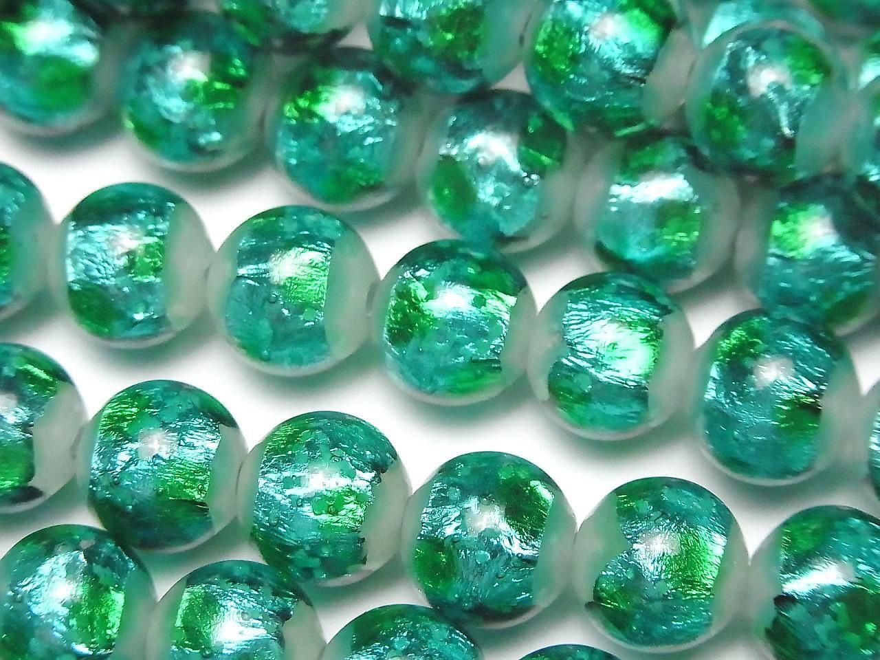 Lampwork Beads Round 10mm [Light Blue x Green / Luminous type] 1/4 or 1 strand beads (approx. 14 inches/34 cm)