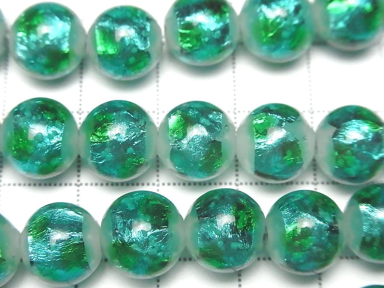 Lampwork Beads Round 10mm [Light Blue x Green / Luminous type] 1/4 or 1 strand beads (approx. 14 inches/34 cm)