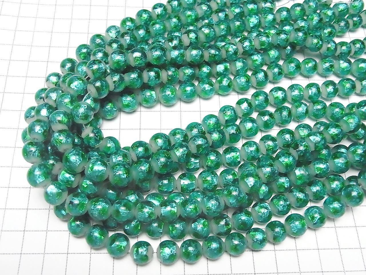 Lampwork Beads Round 10mm [Light Blue x Green / Luminous type] 1/4 or 1 strand beads (approx. 14 inches/34 cm)