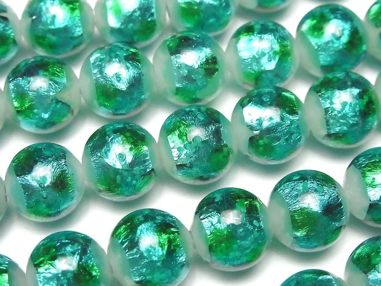 Lampwork Beads Round 12mm [Light Blue x Green / Luminous type] 1/4 or 1 strand beads (approx. 14 inches/34 cm)