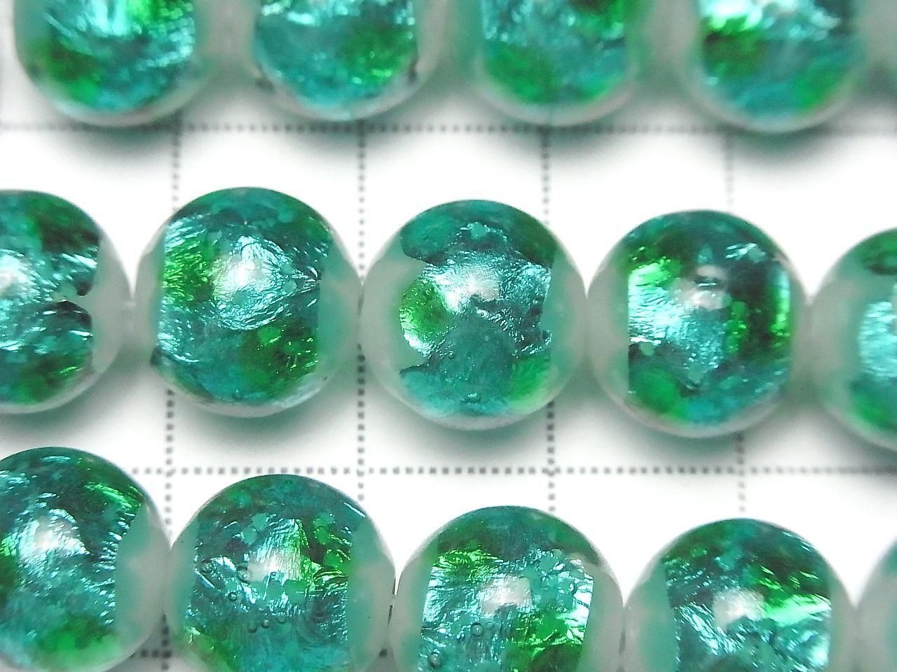 Lampwork Beads Round 12mm [Light Blue x Green / Luminous type] 1/4 or 1 strand beads (approx. 14 inches/34 cm)