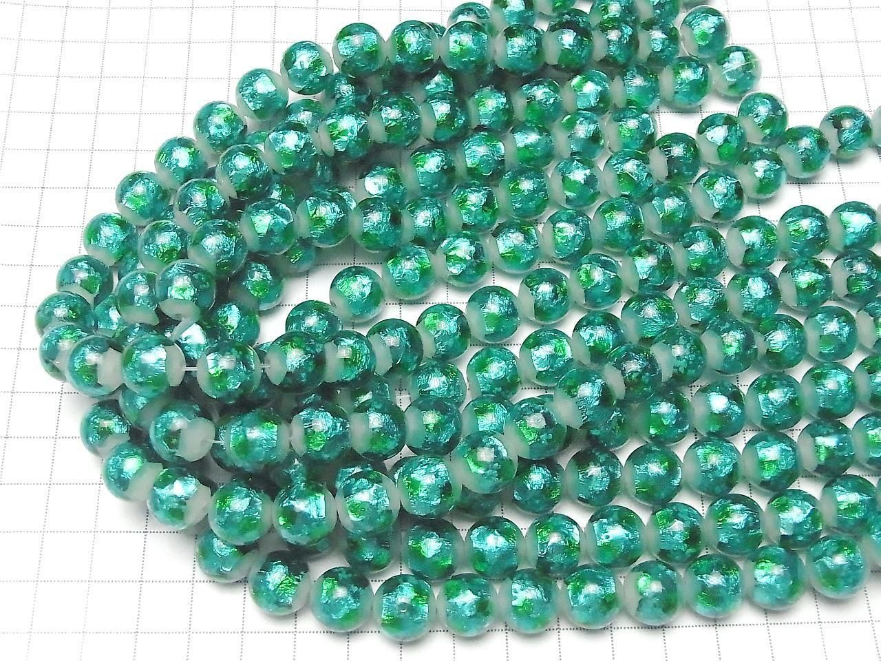 Lampwork Beads Round 12mm [Light Blue x Green / Luminous type] 1/4 or 1 strand beads (approx. 14 inches/34 cm)