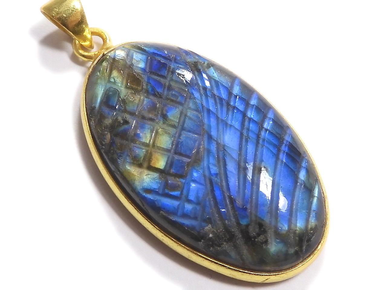 Rainbow Labradorite AAA- Carved Pendant 18KGP NO.52 [One of a kind]