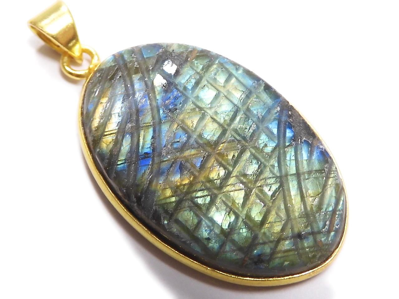 Rainbow Labradorite AAA- Carved Pendant 18KGP NO.54 [One of a kind]