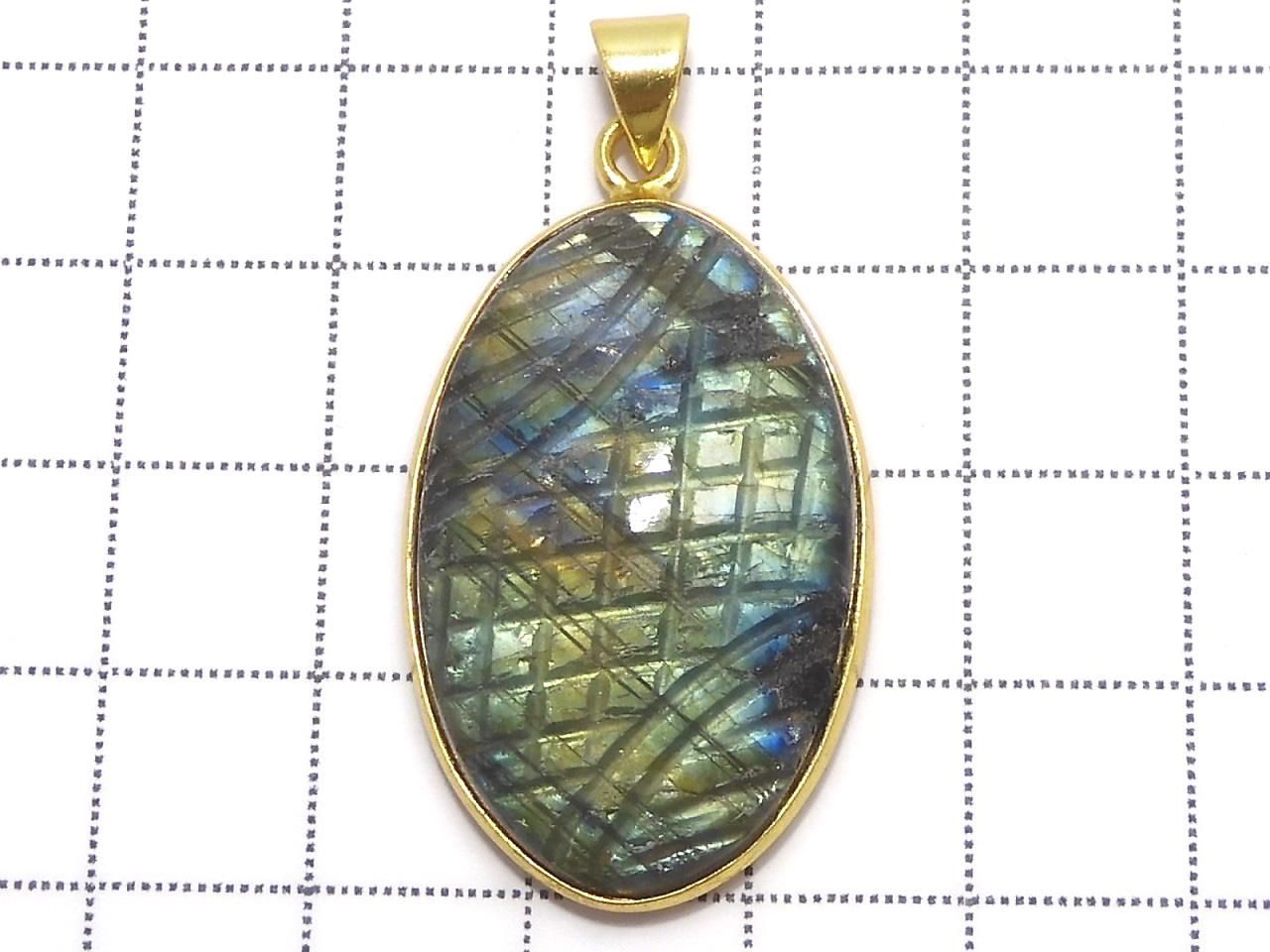 Rainbow Labradorite AAA- Carved Pendant 18KGP NO.54 [One of a kind]
