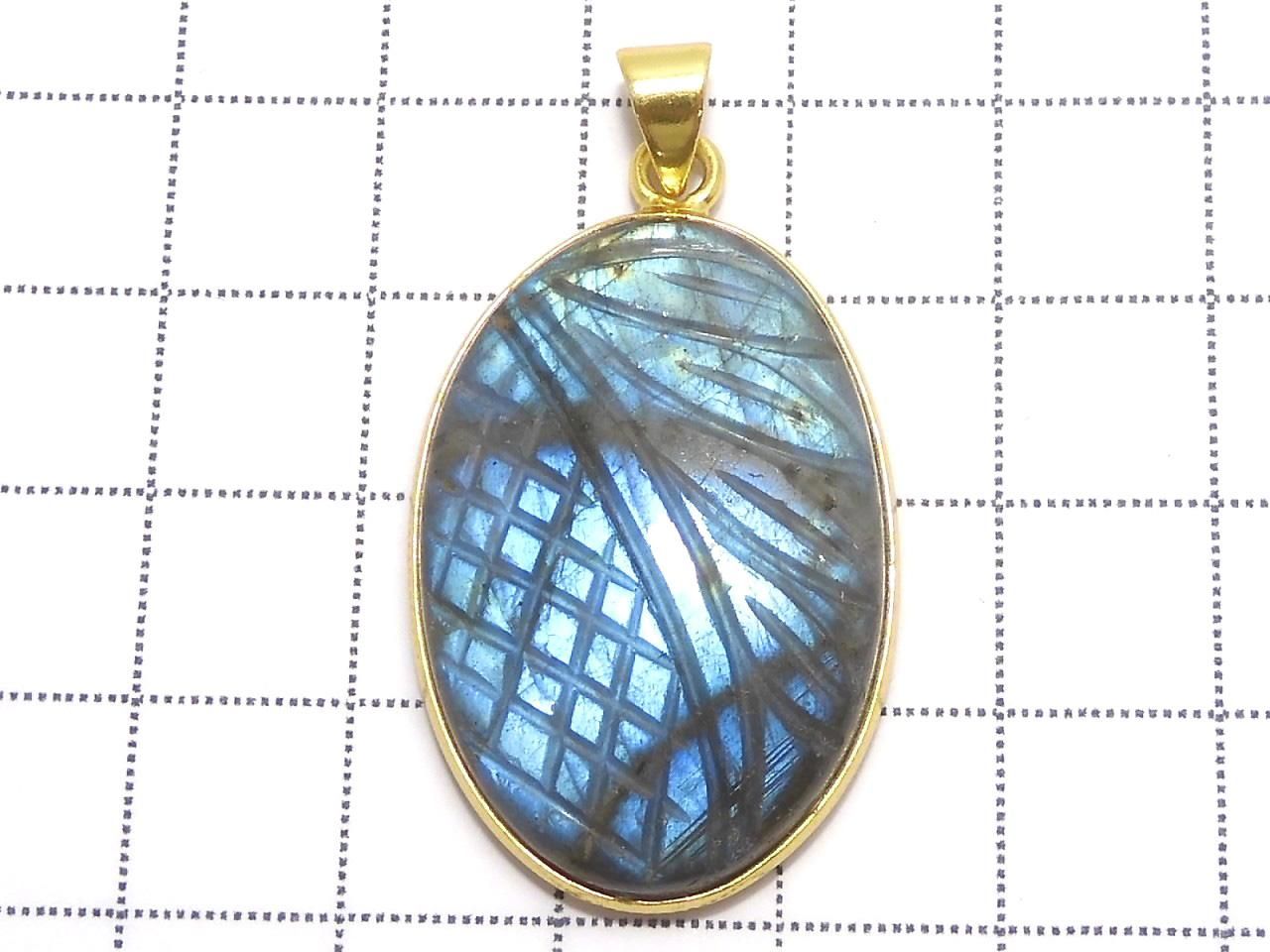 Rainbow Labradorite AAA- Carved Pendant 18KGP NO.55 [One of a kind]