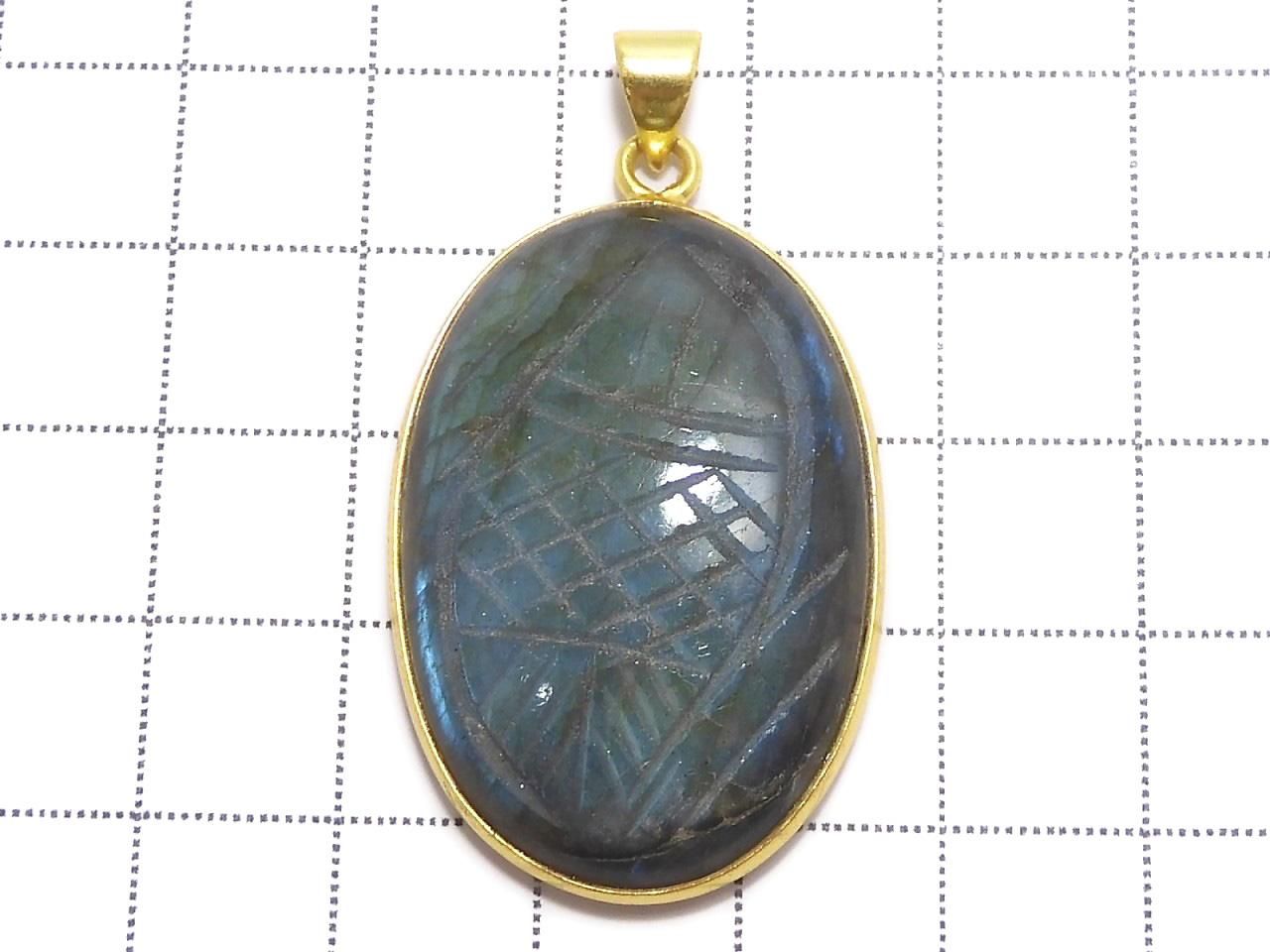 Rainbow Labradorite AAA- Carved Pendant 18KGP NO.58 [One of a kind]