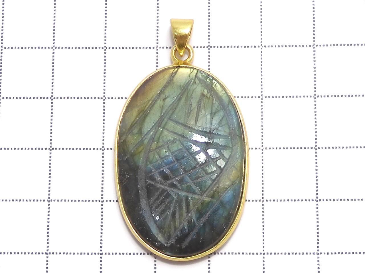 Rainbow Labradorite AAA- Carved Pendant 18KGP NO.60 [One of a kind]