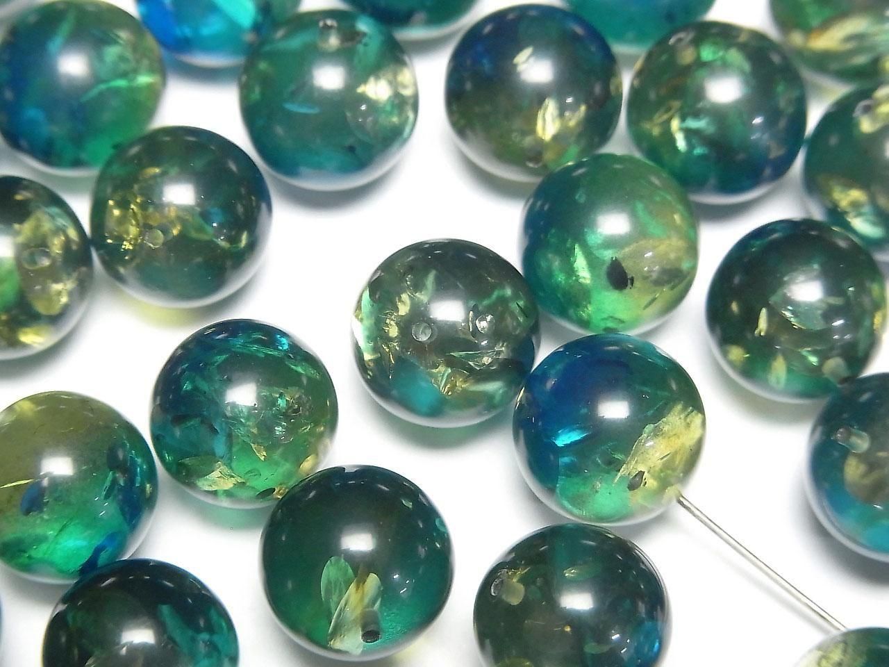 Amber cracked Blue-Green half-drilled Round hole slightly less than 10mm 2 pcs