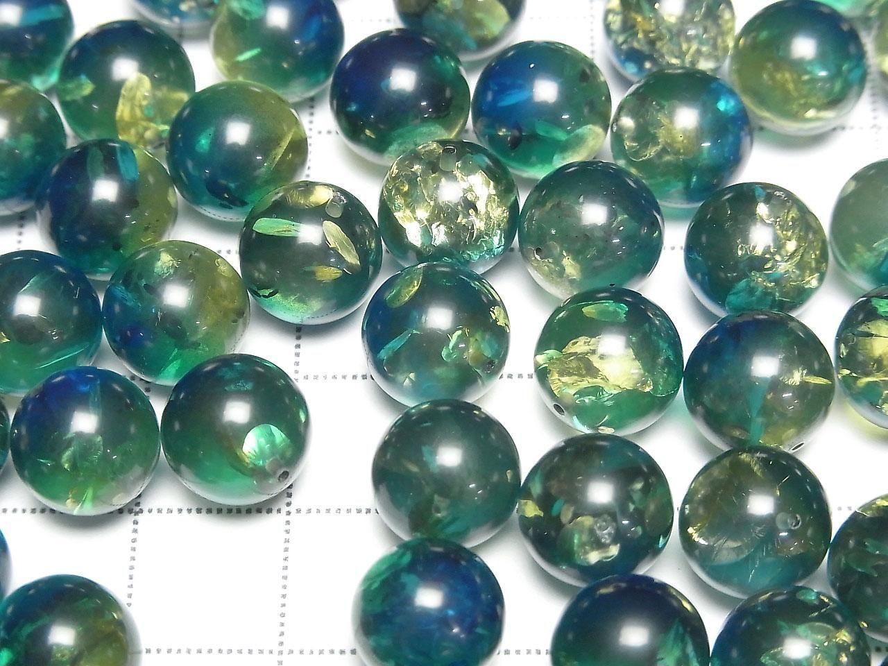 Amber cracked Blue-Green half-drilled Round hole slightly less than 10mm 2 pcs