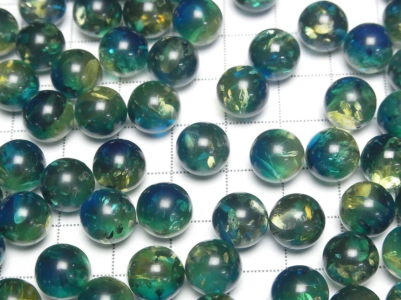 Amber cracked Blue-Green half-drilled Round hole slightly less than 10mm 2 pcs