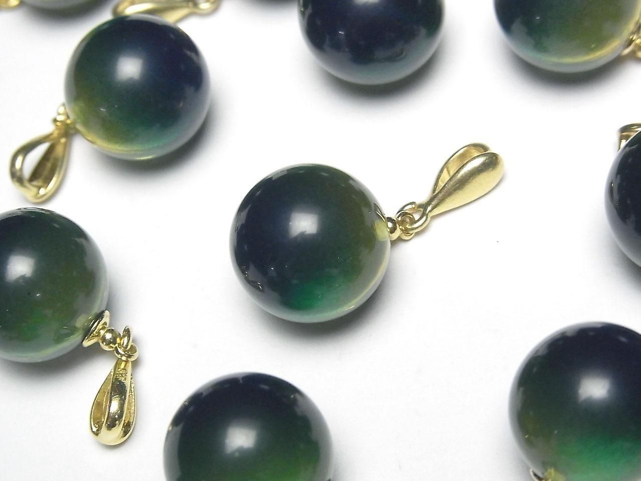 Amber Blue-Green Round 14mm pendant 18KGP 1pc