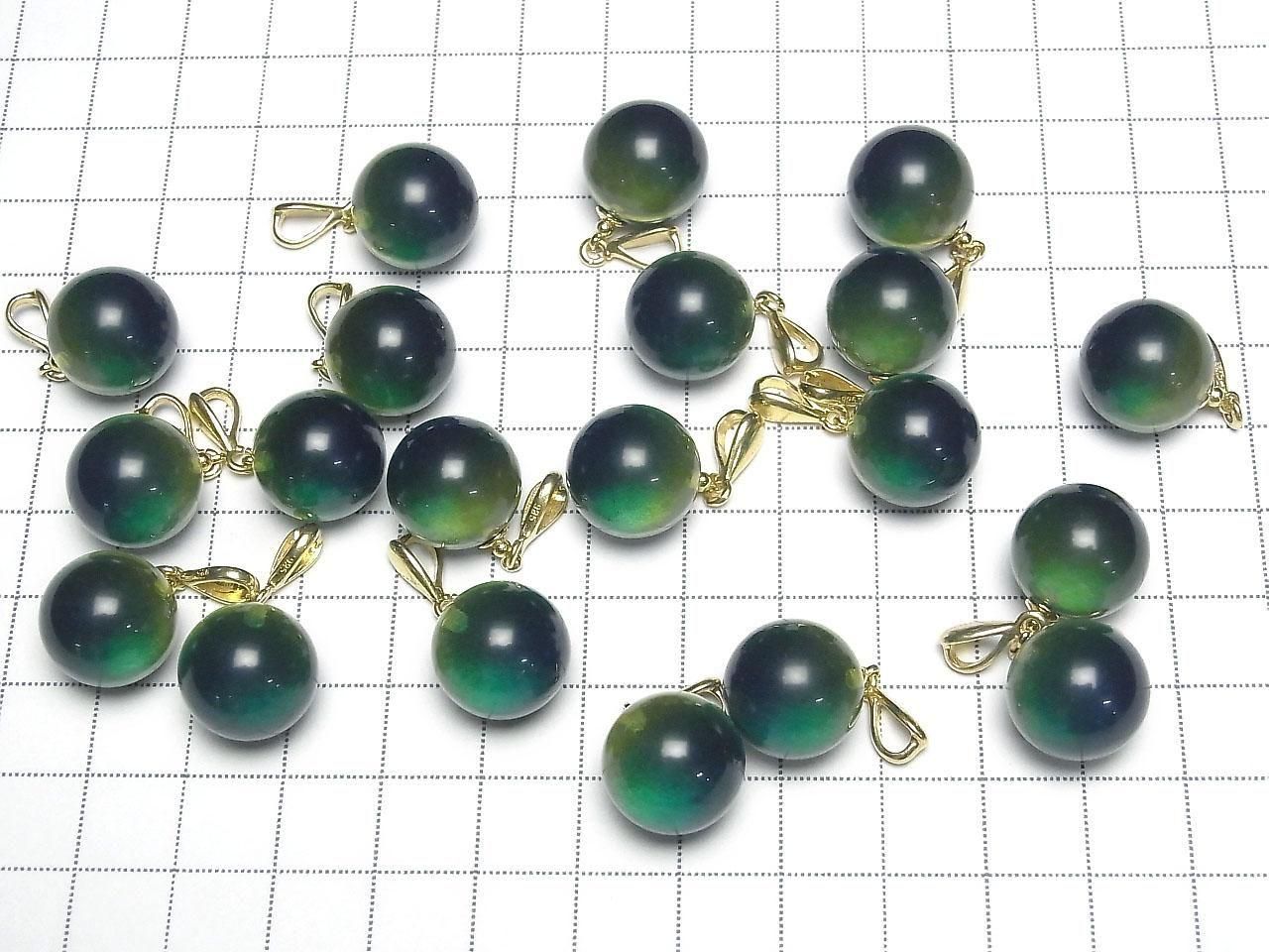 Amber Blue-Green Round 14mm pendant 18KGP 1pc
