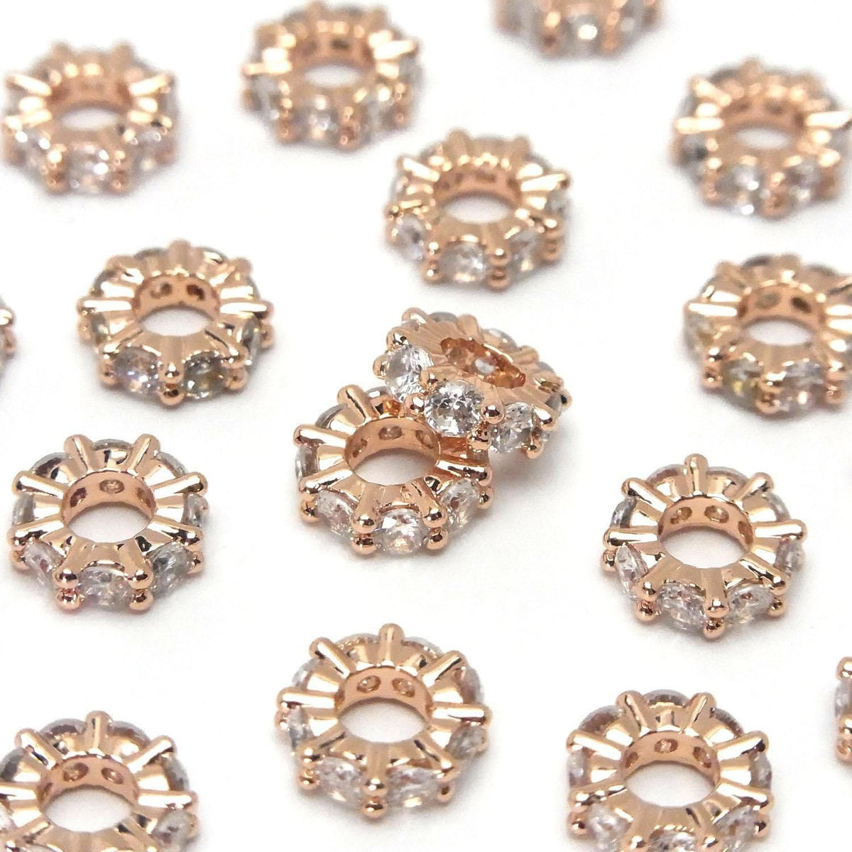 Metal parts Rondelle 9x9x3mm Pink Gold color (with CZ) 3pcs