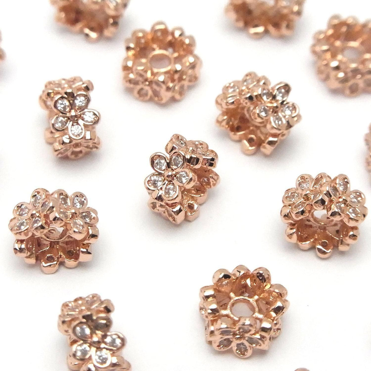 Metal flower parts Rondelle design 8x8x5mm (with CZ) pink gold color 2 pcs