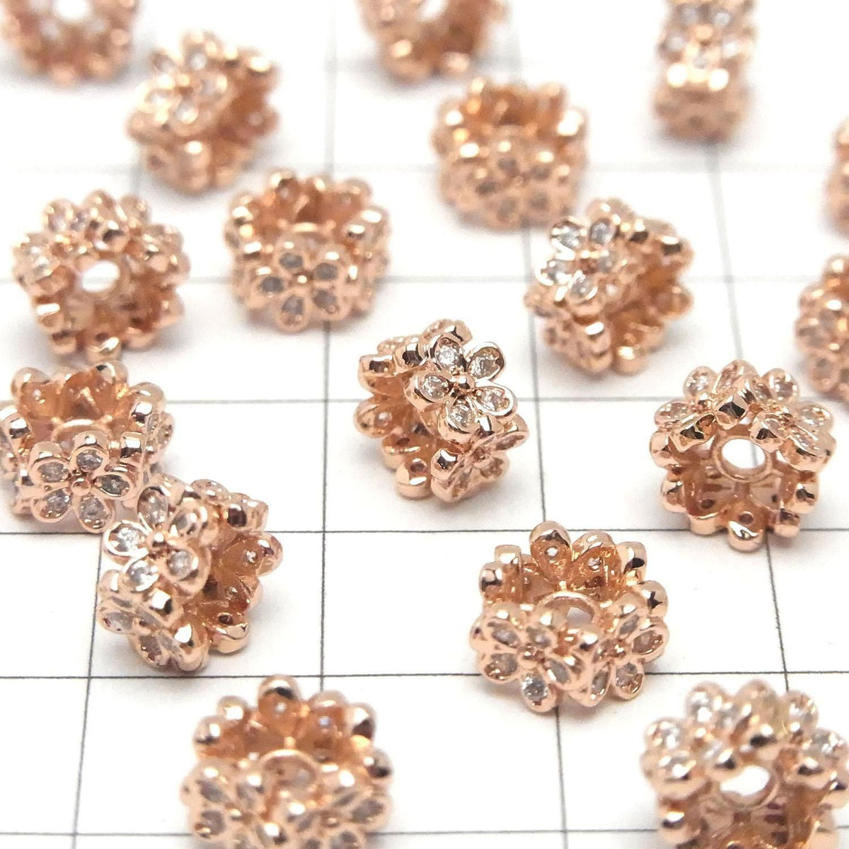 Metal flower parts Rondelle design 8x8x5mm (with CZ) pink gold color 2 pcs