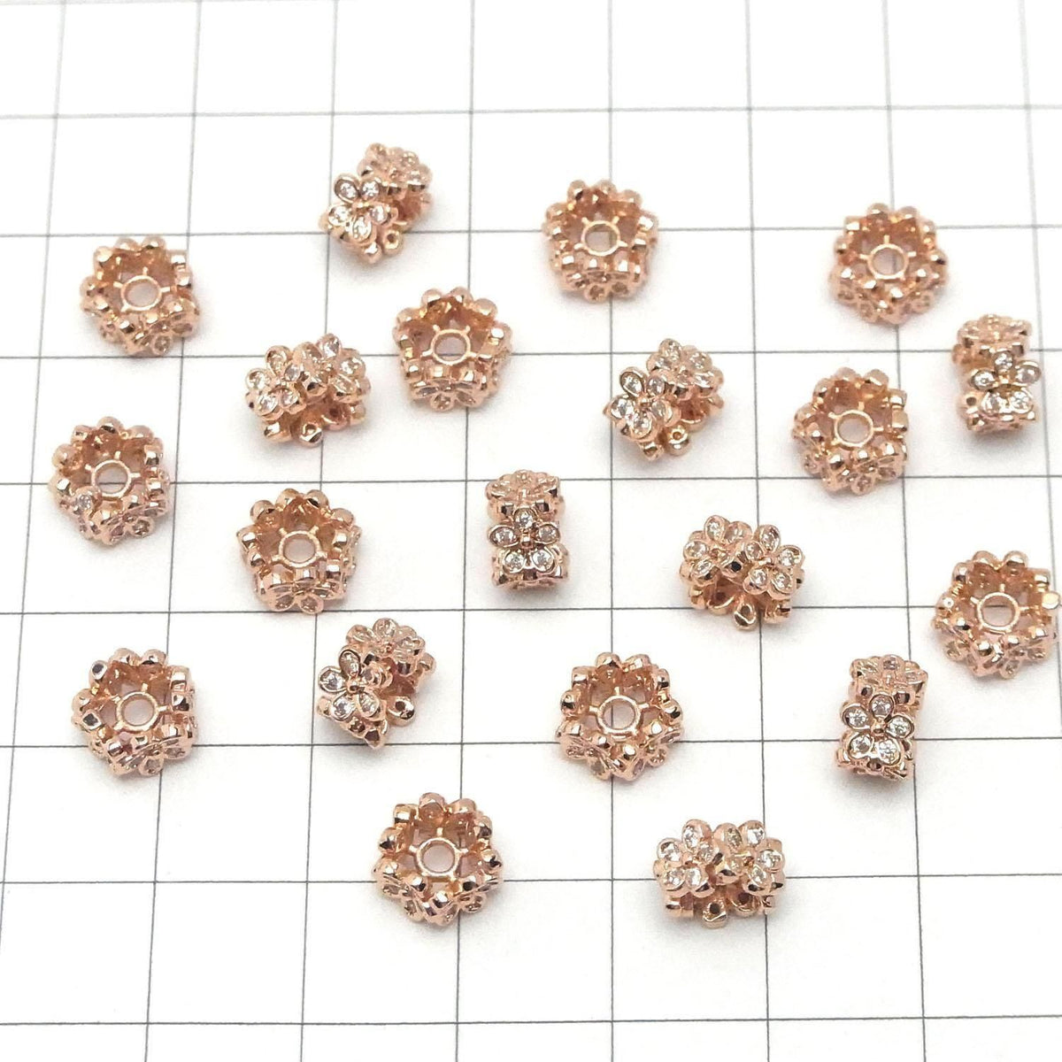 Metal flower parts Rondelle design 8x8x5mm (with CZ) pink gold color 2 pcs
