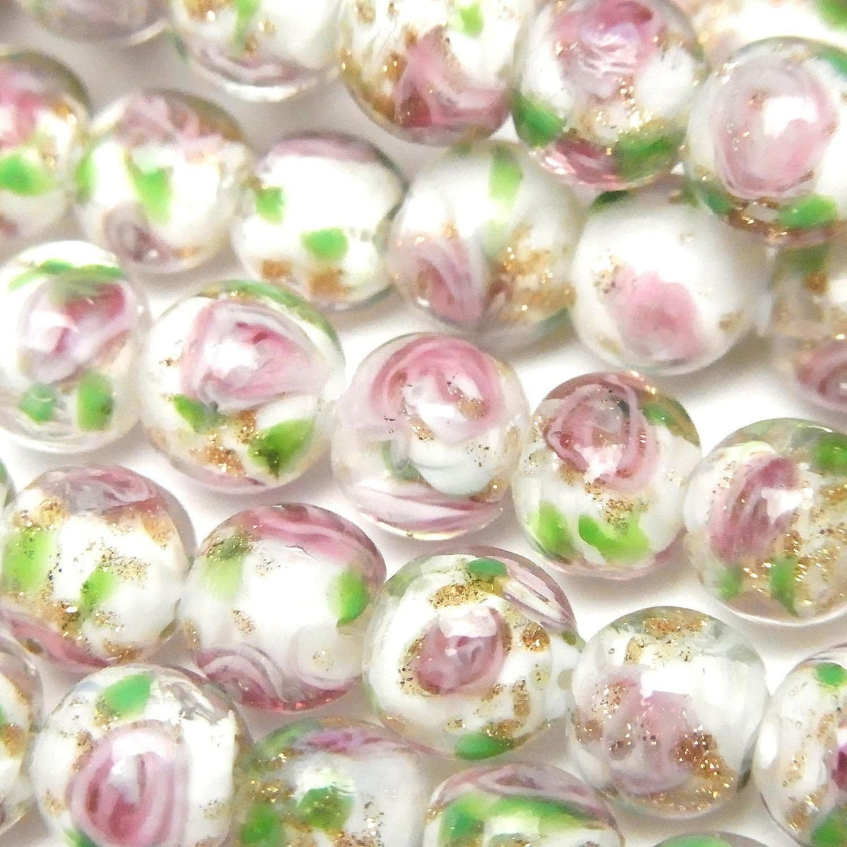 Lampwork Beads Round 8mm Rose Pattern [White] Half or 1strand beads (approx. 13 inches/33 cm)