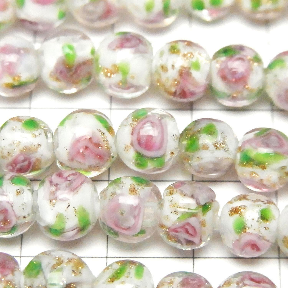 Lampwork Beads Round 8mm Rose Pattern [White] Half or 1strand beads (approx. 13 inches/33 cm)