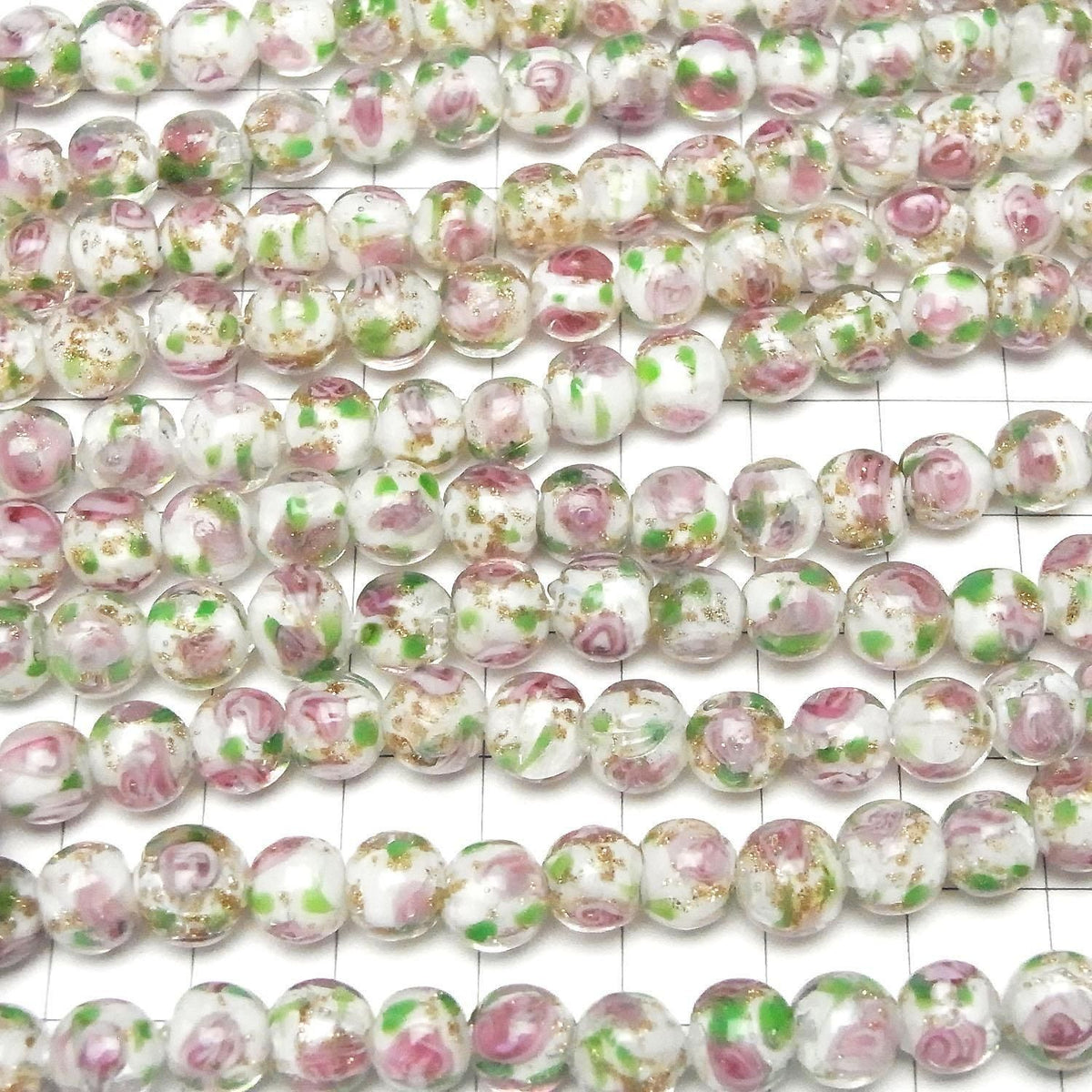 Lampwork Beads Round 8mm Rose Pattern [White] Half or 1strand beads (approx. 13 inches/33 cm)
