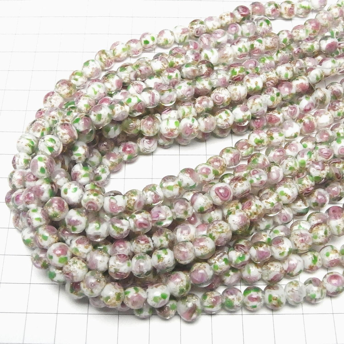 Lampwork Beads Round 8mm Rose Pattern [White] Half or 1strand beads (approx. 13 inches/33 cm)
