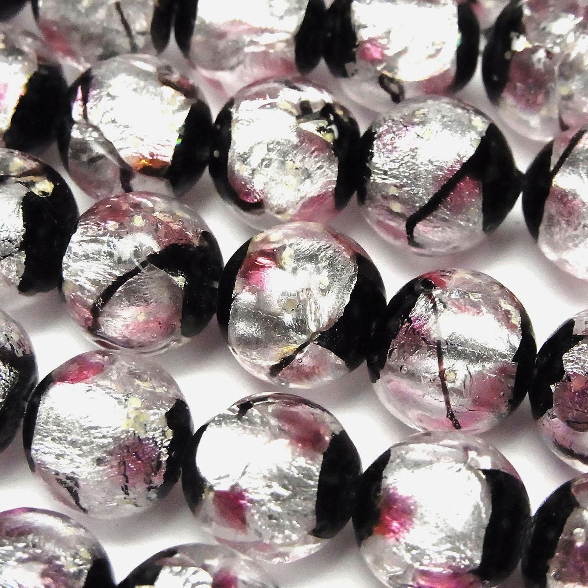 Lampwork Beads Round 12mm [Pink x Silver x Black / Luminous type] 1/4 or 1strand beads (approx. 14 inches/34 cm)