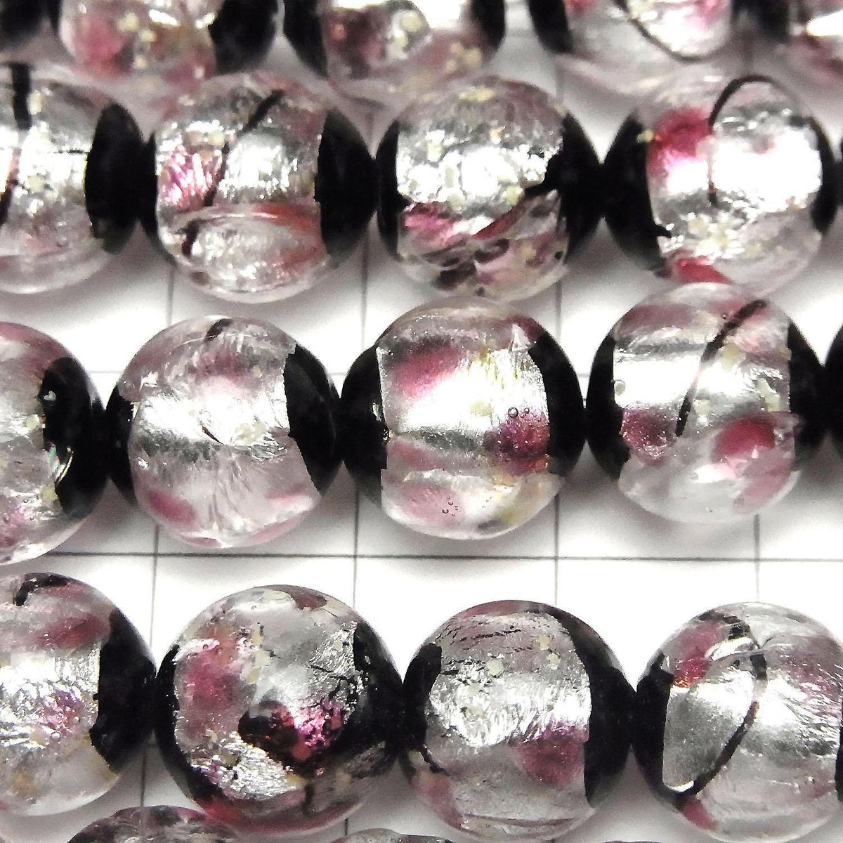 Lampwork Beads Round 12mm [Pink x Silver x Black / Luminous type] 1/4 or 1strand beads (approx. 14 inches/34 cm)
