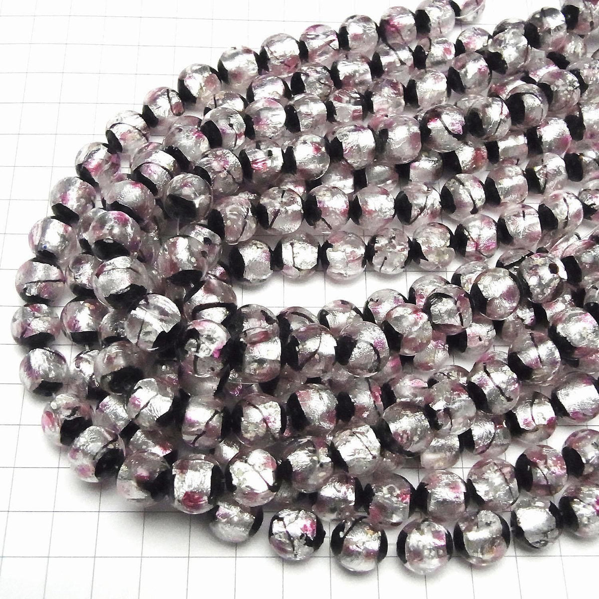 Lampwork Beads Round 12mm [Pink x Silver x Black / Luminous type] 1/4 or 1strand beads (approx. 14 inches/34 cm)