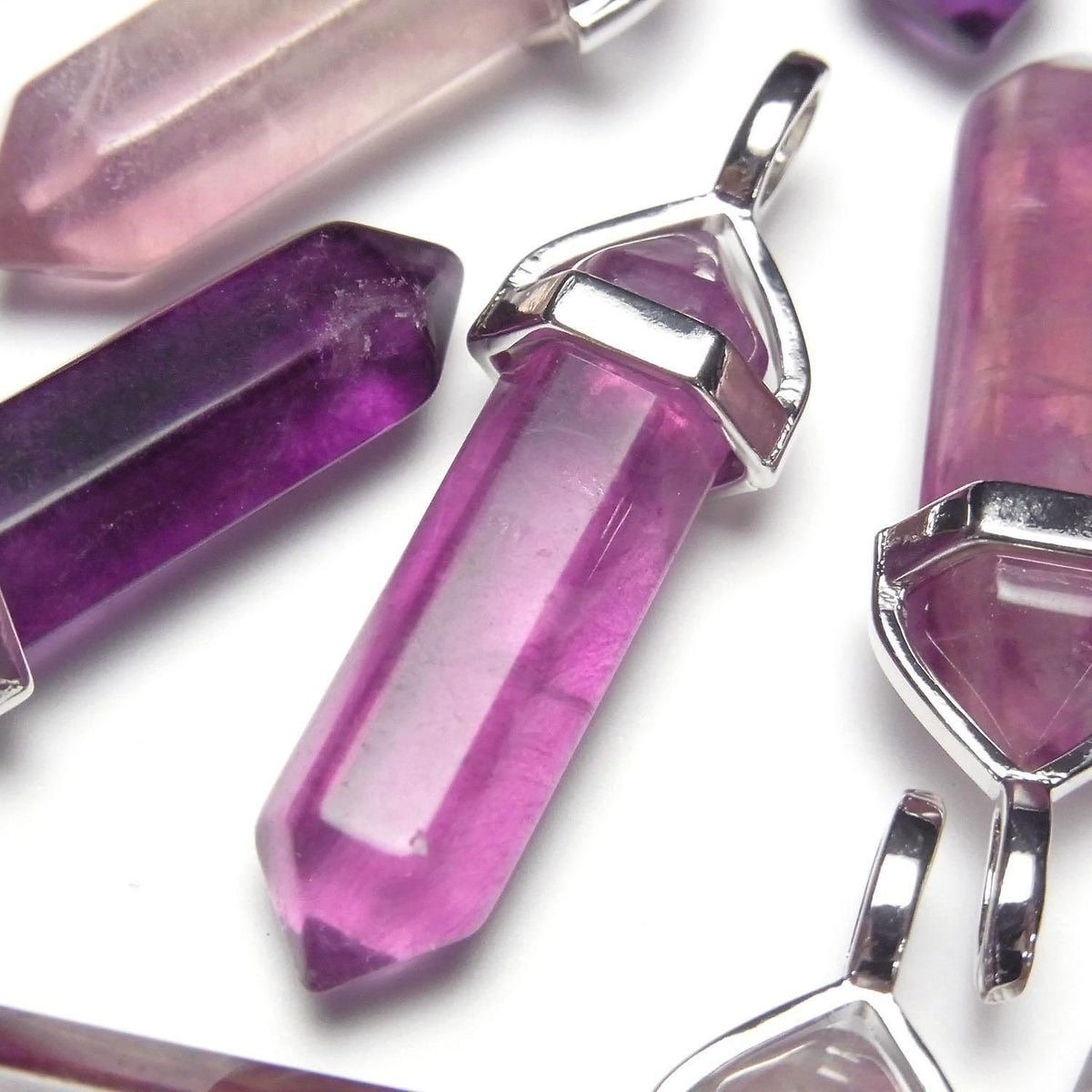 Purple Fluorite AA+ Double Point Pendant 32x8x8mm Silver Color 3pcs