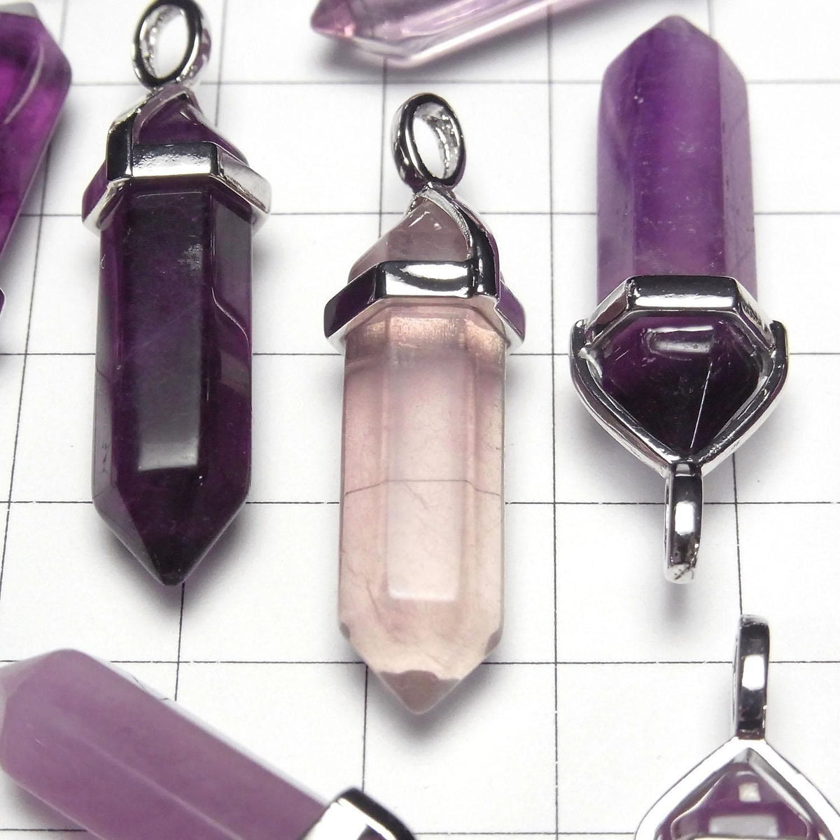 Purple Fluorite AA+ Double Point Pendant 32x8x8mm Silver Color 3pcs