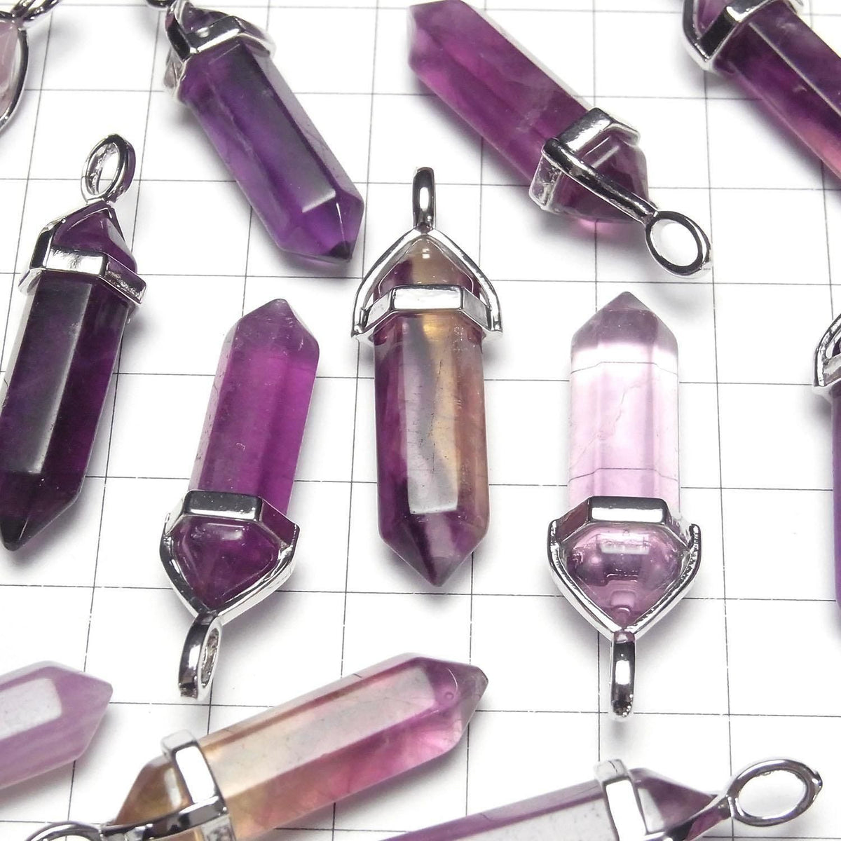 Purple Fluorite AA+ Double Point Pendant 32x8x8mm Silver Color 3pcs