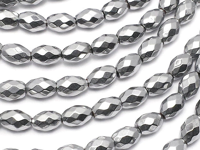 [Video] Hematite Faceted Rice 6 x 4 mm x 4 mm Silver coating 1 strand beads (aprx.15 inch / 38 cm)