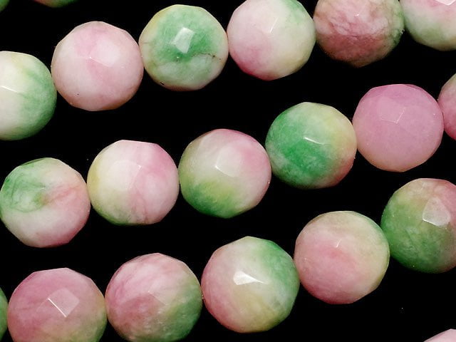 Pink & Green Jade 64Faceted Round 10mm 1strand beads (aprx.15inch / 37cm)