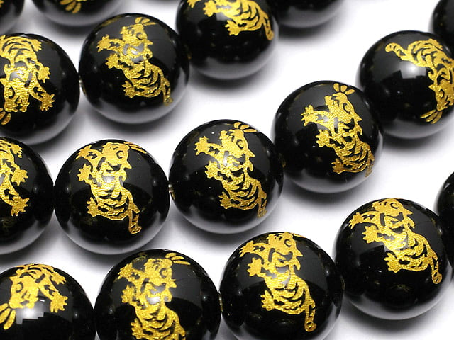 Golden! [Tiger, Four Divine Beasts] Carved! Onyx Round 10mm, 12mm, 14mm half or 1strand beads (aprx.15inch / 36cm)