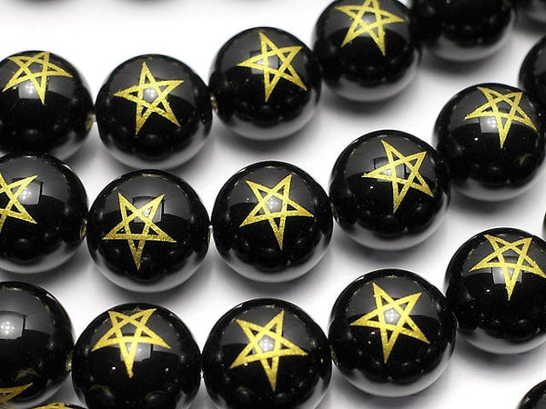 Gold! Pentagram Carving! Onyx Round 8mm, 10mm, 12mm, 14mm half or 1strand beads (aprx.15inch / 36cm)