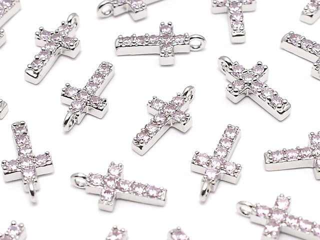 Metal Parts Charm with CZ Cross 10 x 5 mm [Pink] Silver Color 2 pcs $2.79