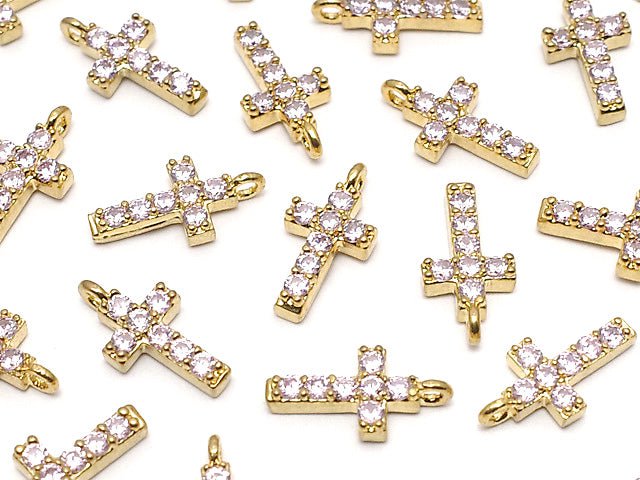 Metal Parts Charm with CZ Cross 10 x 5 mm [Pink] Gold Color 2 pcs