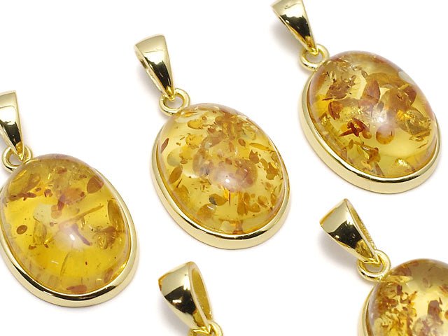 [Video] Baltic Amber Oval Pendant 17x13mm 18KGP 1pc