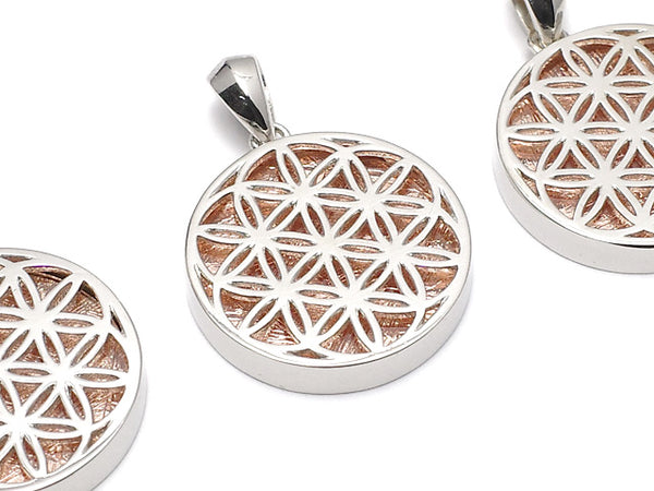 Meteorite Flower of life design included Coin Pendant 20 mm pink gold color Silver 925