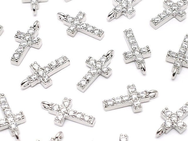Metal Parts Charm with CZ Cross 10 x 5 mm [Clear] Silver Color 2 pcs
