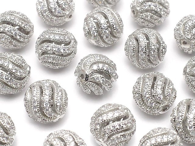 Metal Parts Line Carved Round Beads 6mm, 8mm, 10mm Silver Color (with CZ) 1pc