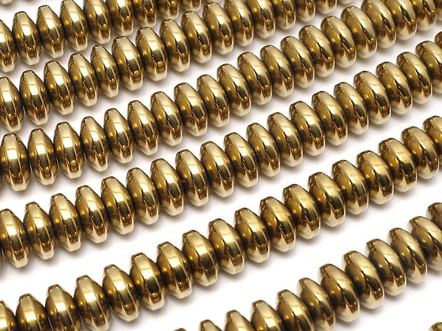 Hematite Rondelle 6 x 6 mm x 3 mm gold coating 1 strand beads (aprx.15 inch / 38 cm)