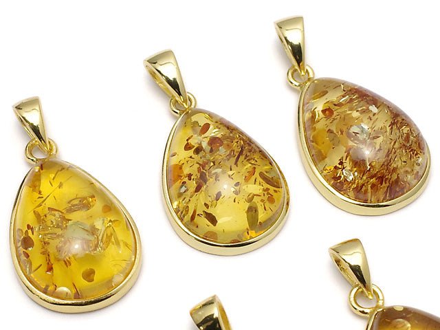 [Video] Baltic Amber Pear shape Pendant 19x14mm 18KGP 1pc