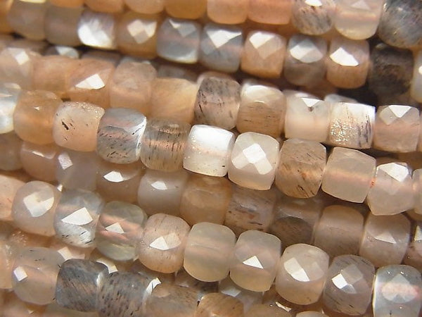 [Video] High Quality! Silver Sheen Brown & Gray Moonstone AA++ Cube Shape 4x4x4mm half or 1strand beads (aprx.15inch / 37cm)