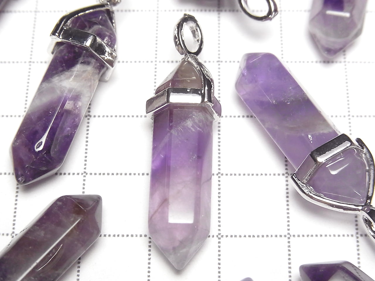 Amethyst AA++ Double Point Pendant 32x8x8mm Silver Color 3pcs